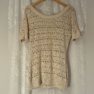 Boho Crochet Knit Sweater Top Cream Tie Back Festival Cottagecore Medium